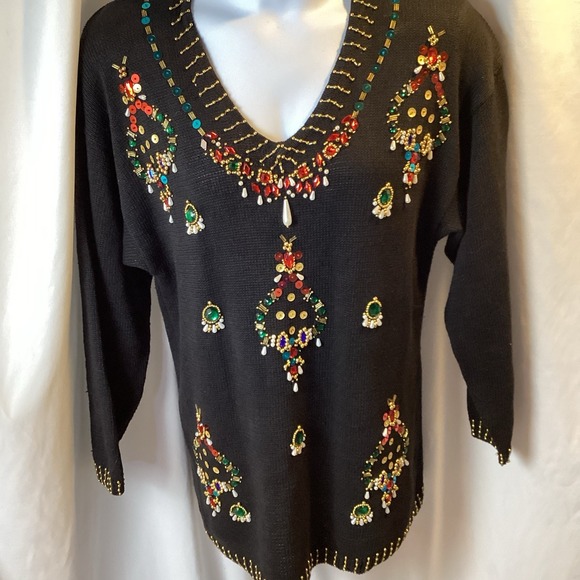 Vintage Beaded Shoulder Pads 1980's Sweater Oversized Tunic Christmas Ugly Retro - Picture 1 of 8
